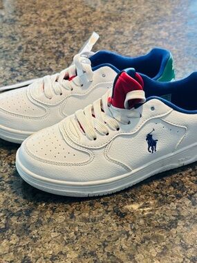 Polo by Ralph Lauren White Leather Sneakers with Navy Lining & Red Tongue